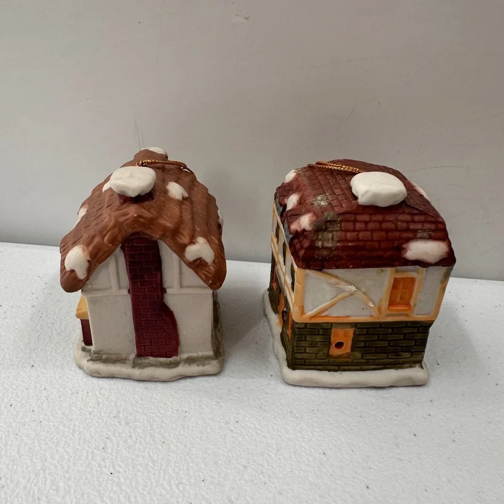 Vintage Porcelain Christmas Village House Bell Ornaments Set‎ 2 Pieces 1990